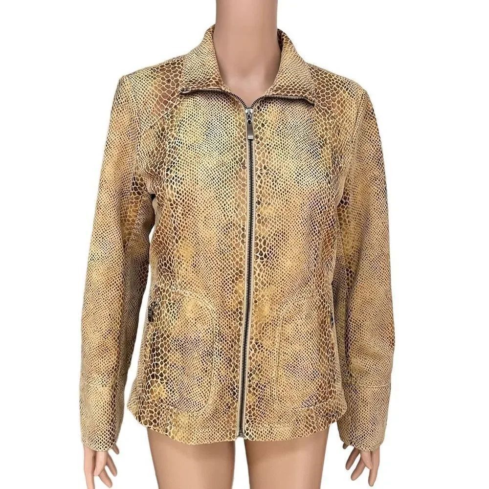 Dialogue Jacket Sz XS Faux Snakeskin Textured Zip Up tan